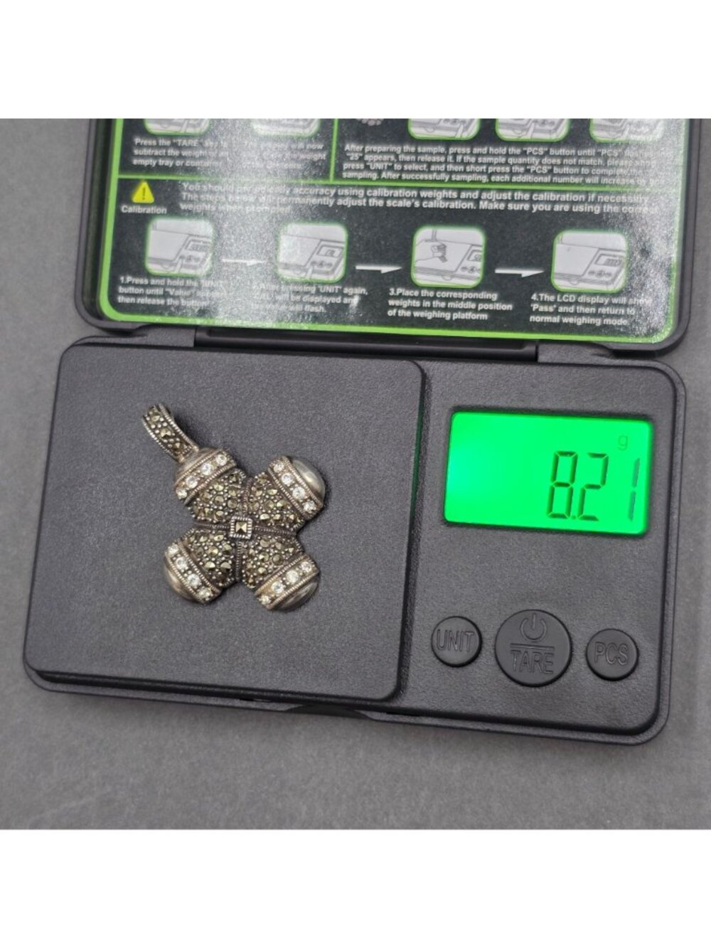 Vintage Sterling Silver Maltese Cross Marcasite Quartz Enhancer Pendant 1.5" - Picture 9 of 10